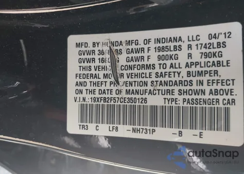 2012 Honda Civic Lx из США, поврежденный, VIN 19XFB2F57CE350126